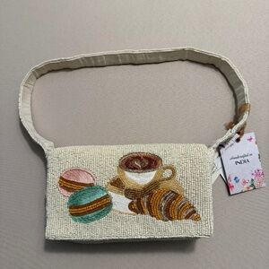 Handcrafted in India Beaded Bag Pastries Croissant, Macaron, Cappuccino Coffee